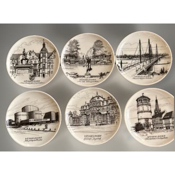 Vintage Uhlenhorst Düsseldorf Germany Landmark Plate Set of 6 Souvenir Coasters - Picture 2 of 9